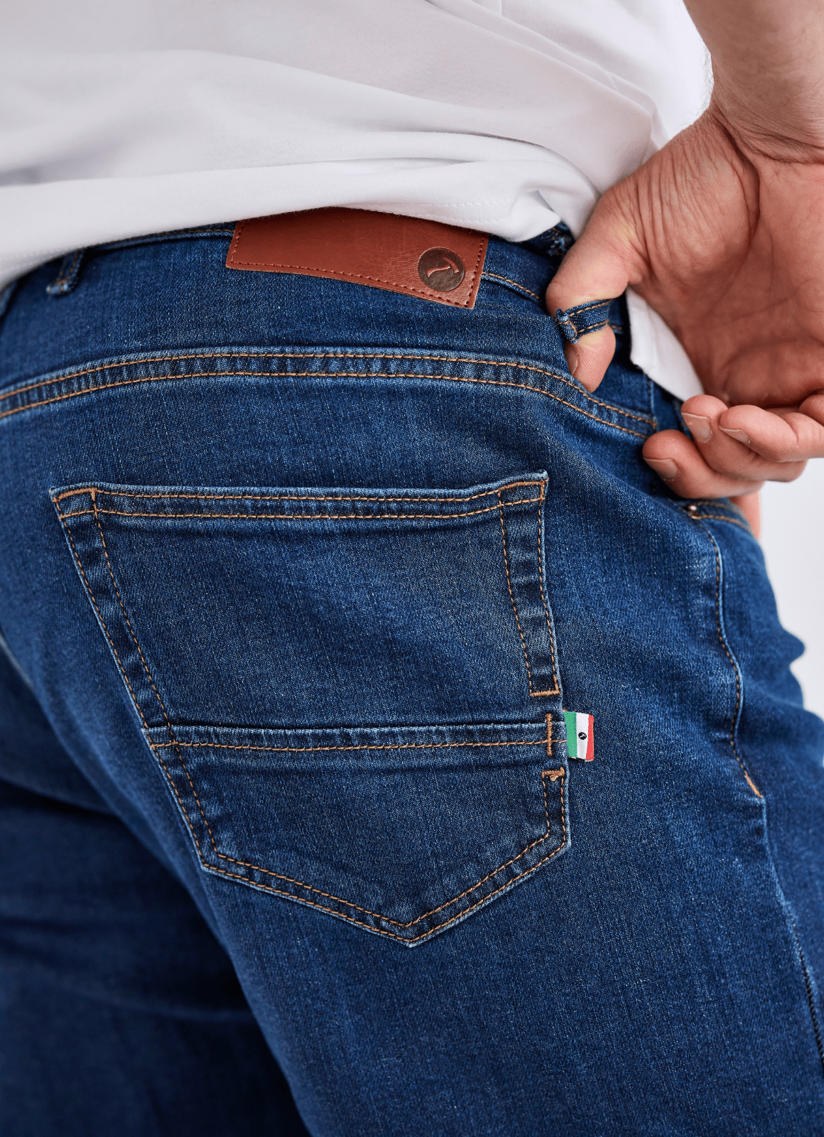 Tapered Italian Stretch Denim Jeans — Medium Wash, Stay-Put Waistband, 97% Cotton