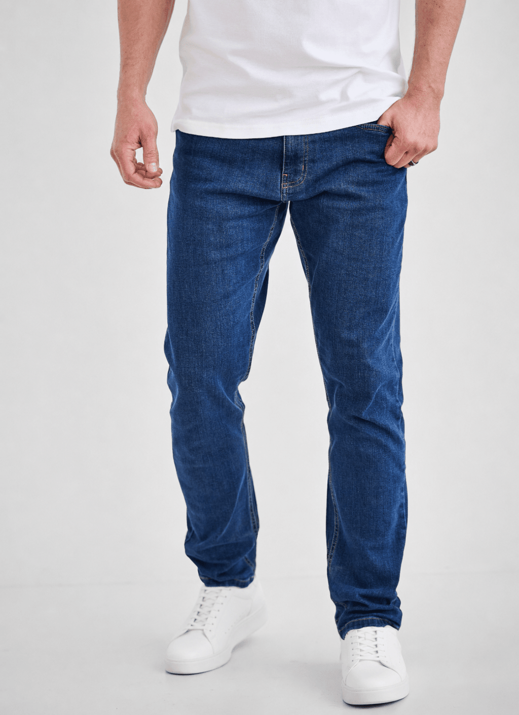 Tapered Italian Stretch Denim Jeans — Medium Wash, Stay-Put Waistband, 97% Cotton