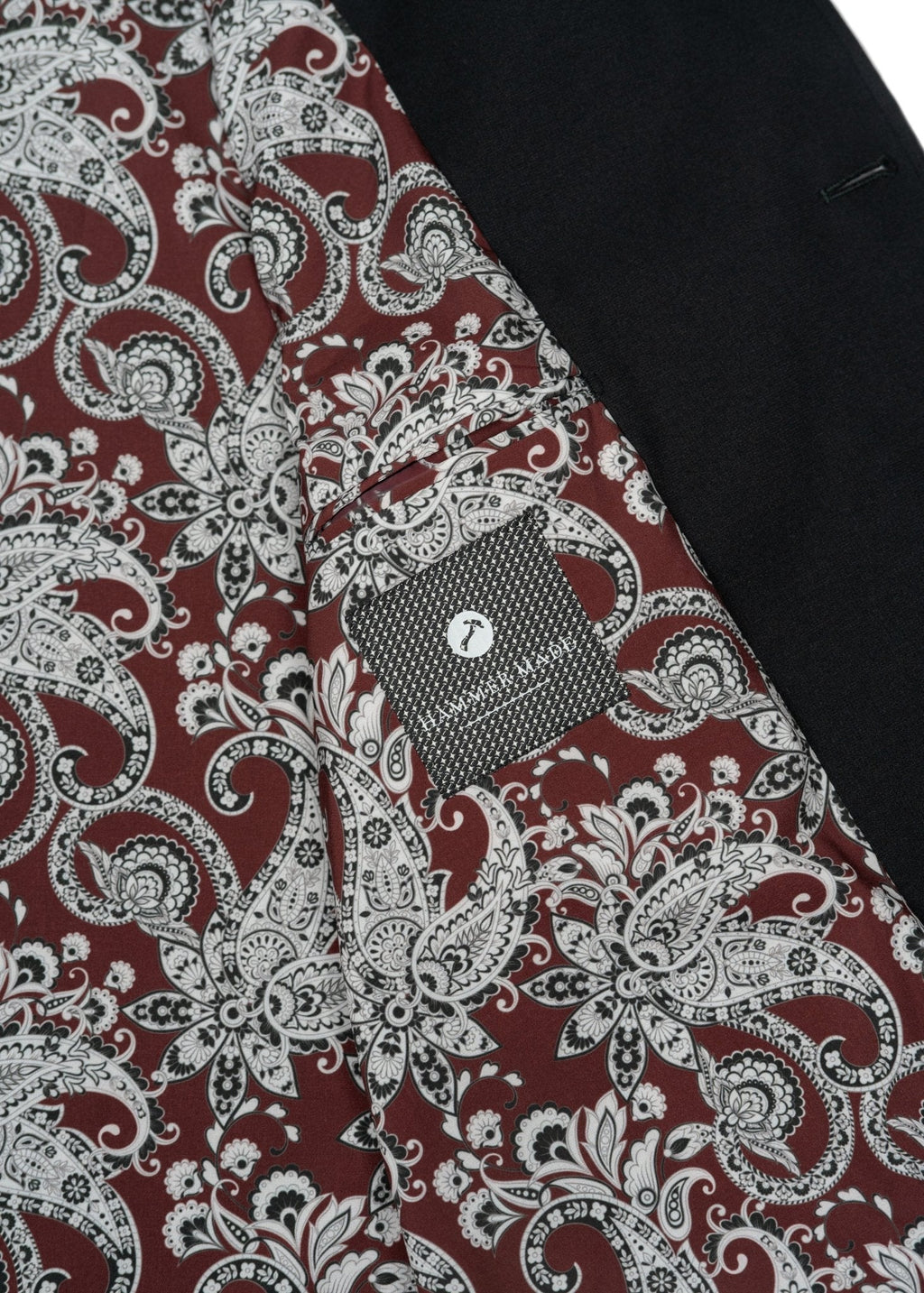 Full Button-Up Bomber Jacket — Black Exterior, Red & White Paisley Interior, Outer & Inner Pockets