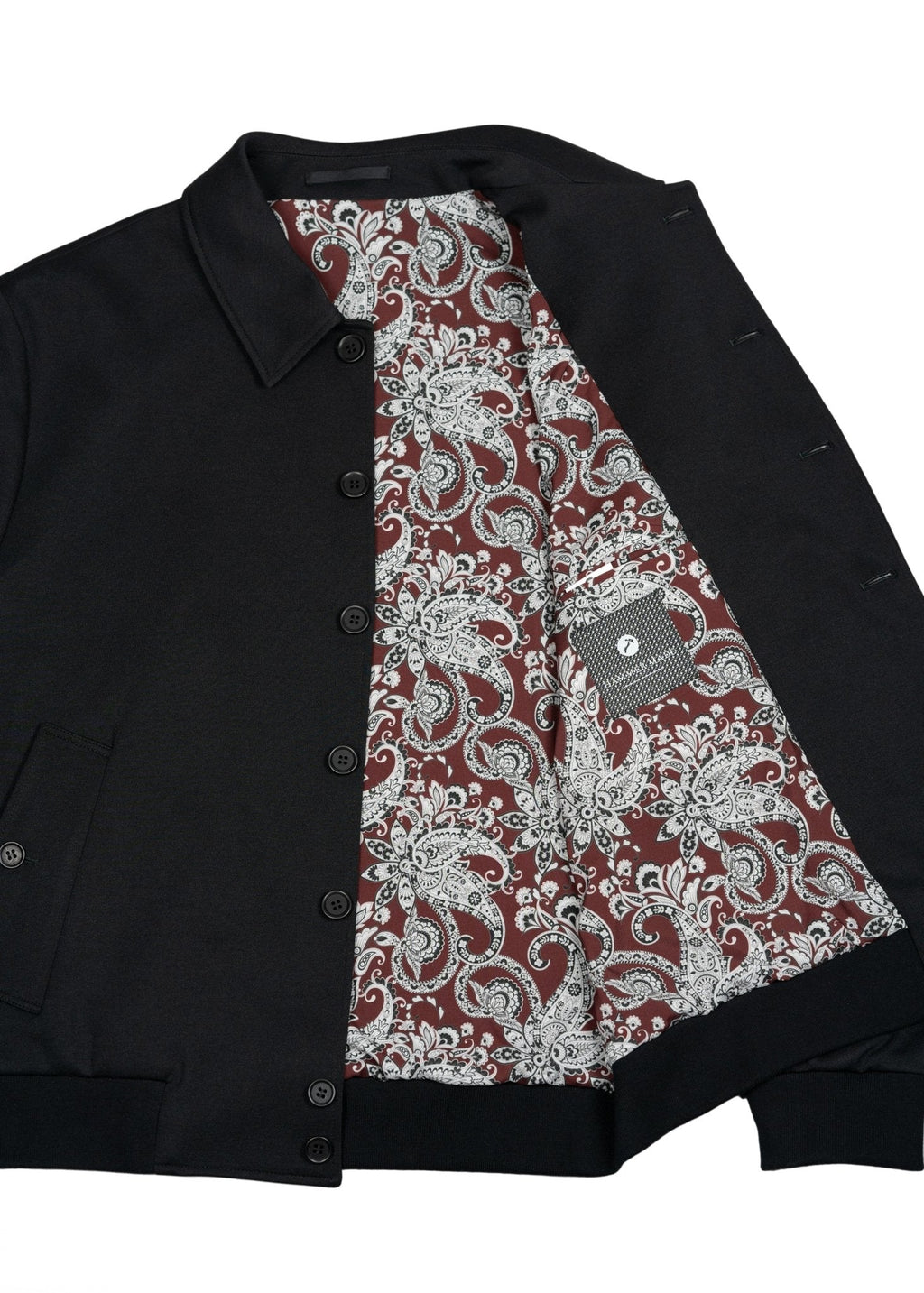 Full Button-Up Bomber Jacket — Black Exterior, Red & White Paisley Interior, Outer & Inner Pockets