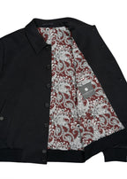 Full Button-Up Bomber Jacket — Black Exterior, Red & White Paisley Interior, Outer & Inner Pockets