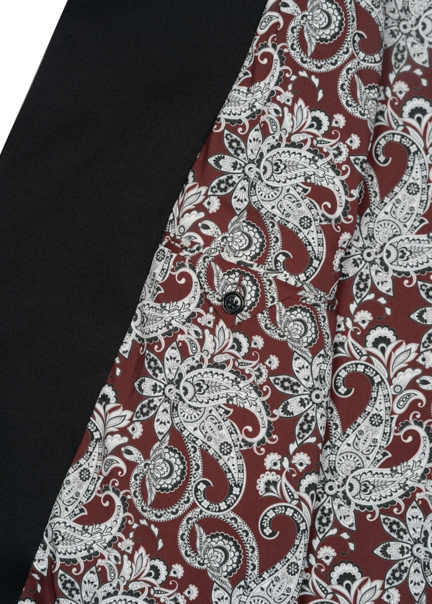 Full Button-Up Bomber Jacket — Black Exterior, Red & White Paisley Interior, Outer & Inner Pockets