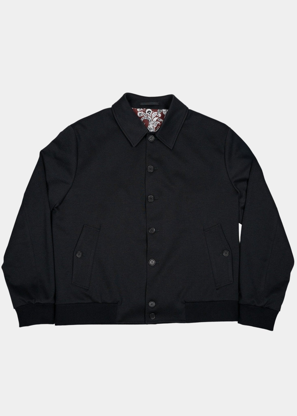 Full Button-Up Bomber Jacket — Black Exterior, Red & White Paisley Interior, Outer & Inner Pockets