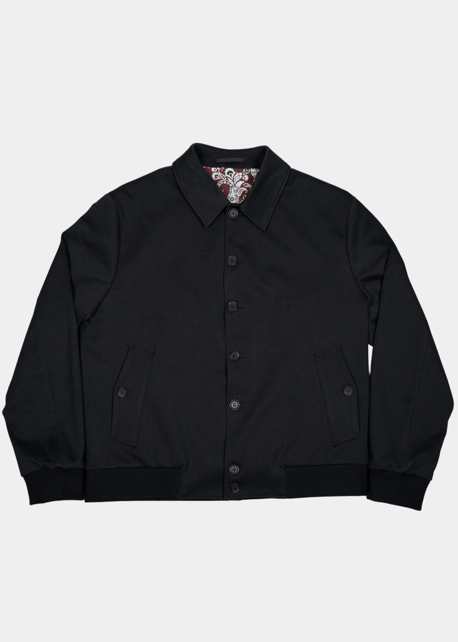 Full Button-Up Bomber Jacket — Black Exterior, Red & White Paisley Interior, Outer & Inner Pockets