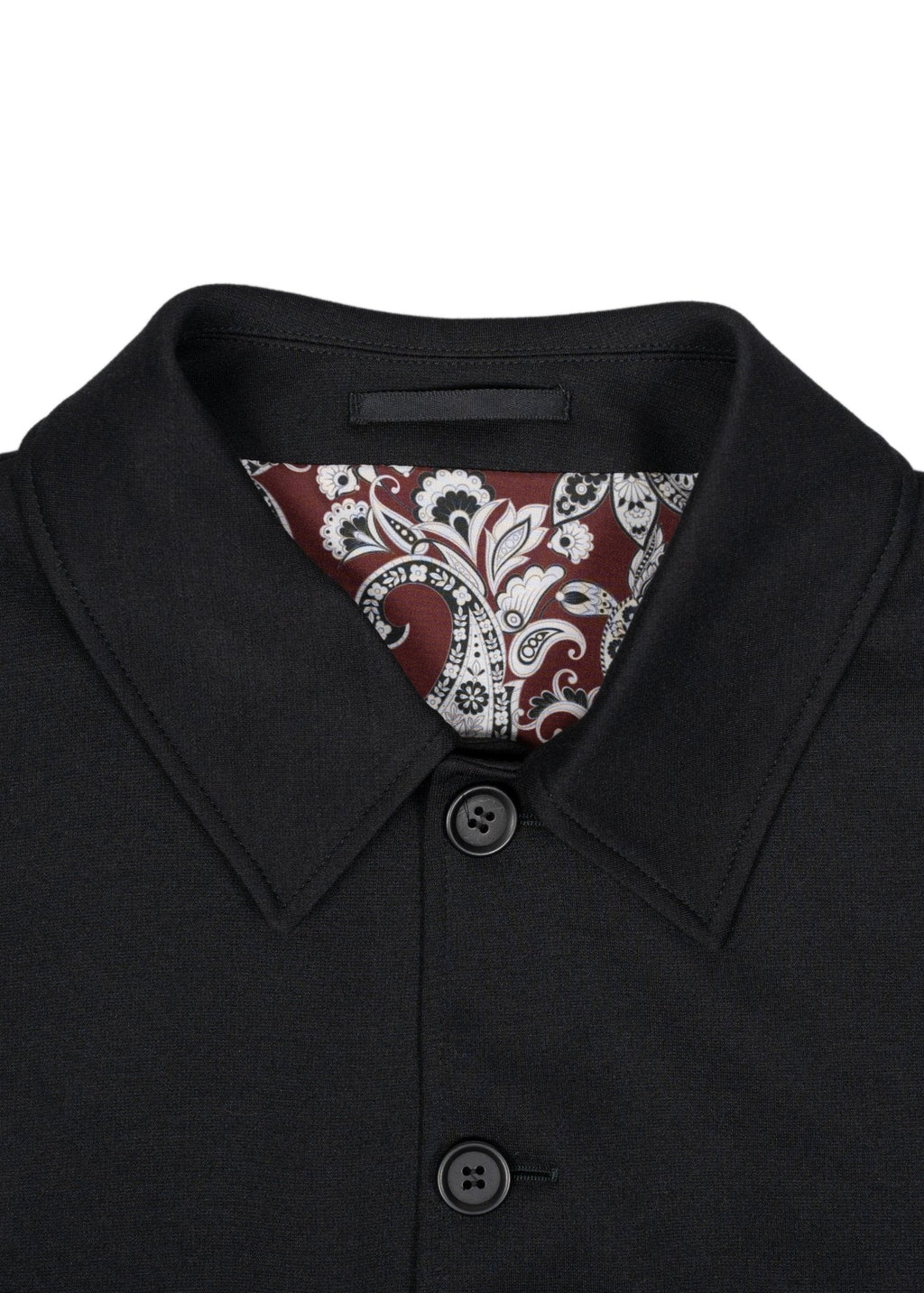 Full Button-Up Bomber Jacket — Black Exterior, Red & White Paisley Interior, Outer & Inner Pockets