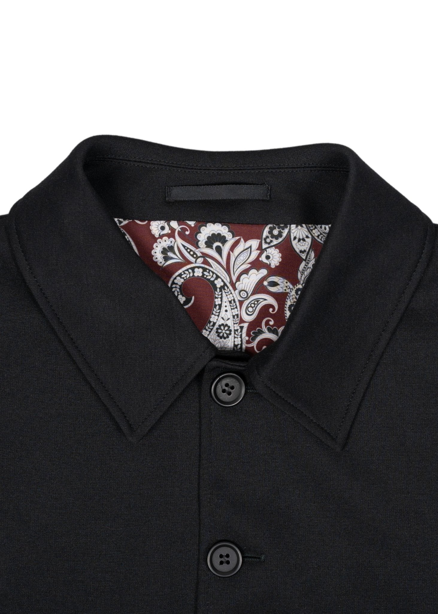 Full Button-Up Bomber Jacket — Black Exterior, Red & White Paisley Interior, Outer & Inner Pockets