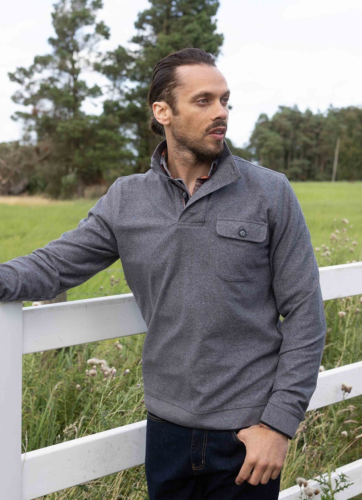 Cotton-Modal Pullover — 3-Button Collar, Chest Pocket, Elastic Waistband & Cuffs
