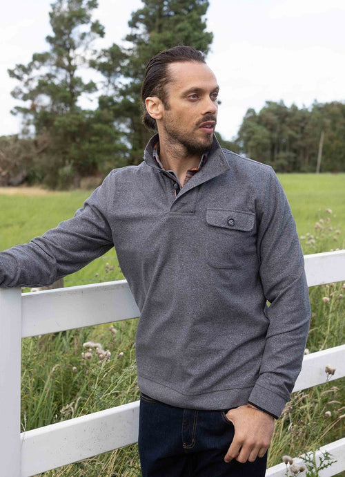 Cotton-Modal Pullover — 3-Button Collar, Chest Pocket, Elastic Waistband & Cuffs
