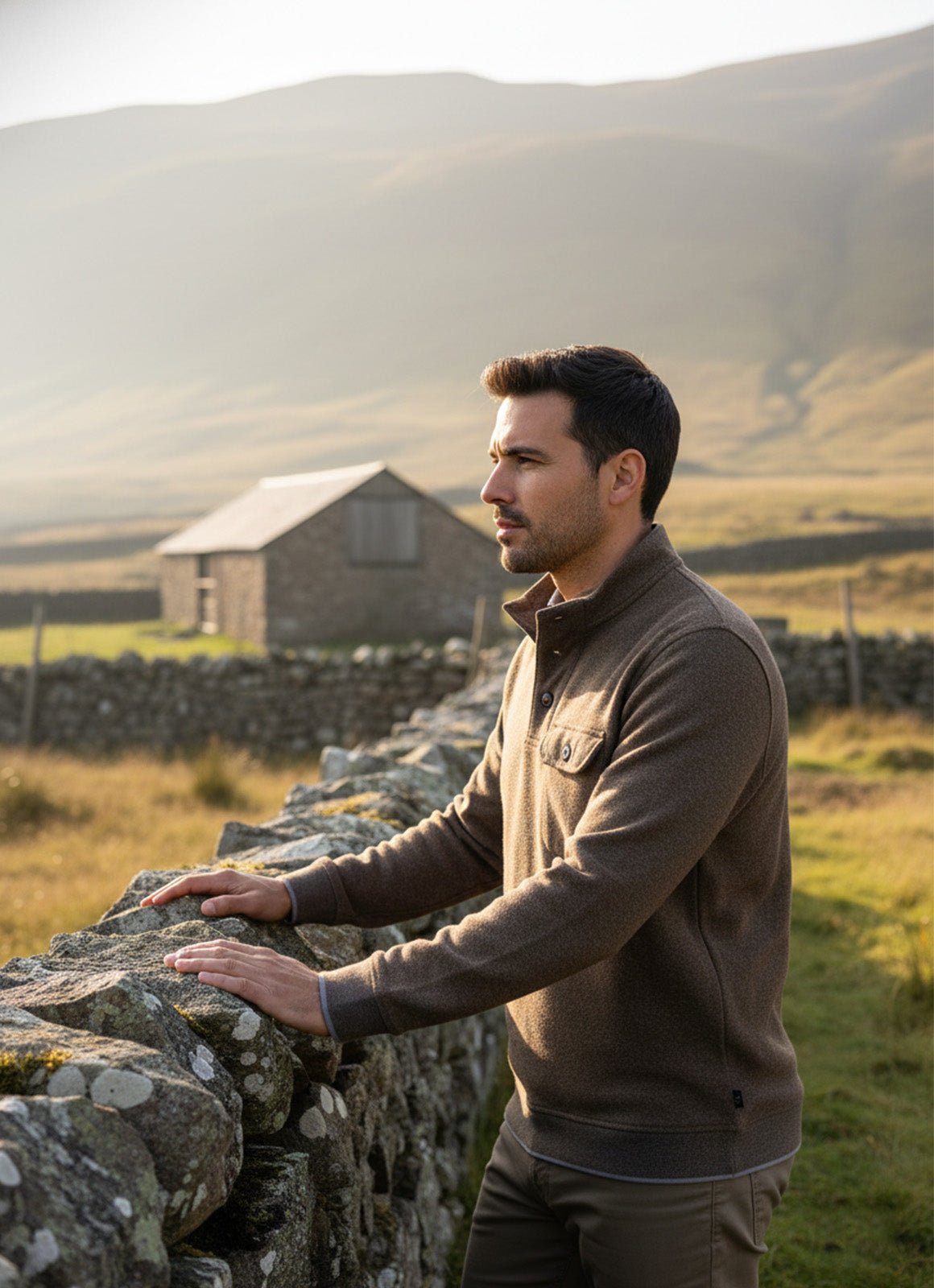 Cotton-Modal Pullover — 3-Button Collar, Chest Pocket, Elastic Waistband & Cuffs