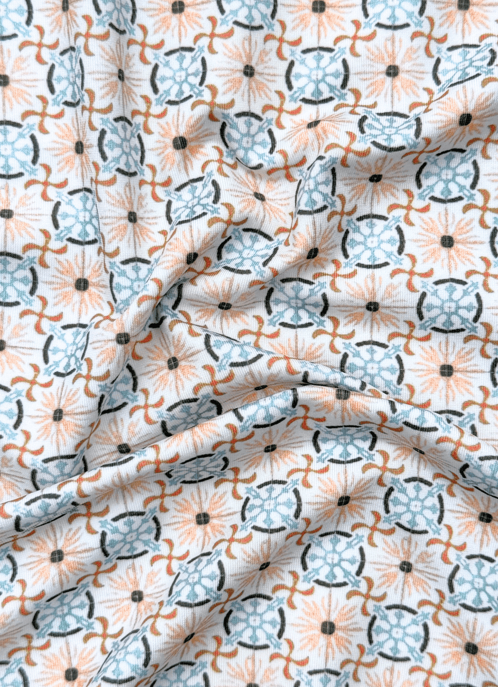 Printed Stretch Polo — Tan & Blue Tile Print, Buttery Smooth Fabric, Metal-Rimmed Buttons