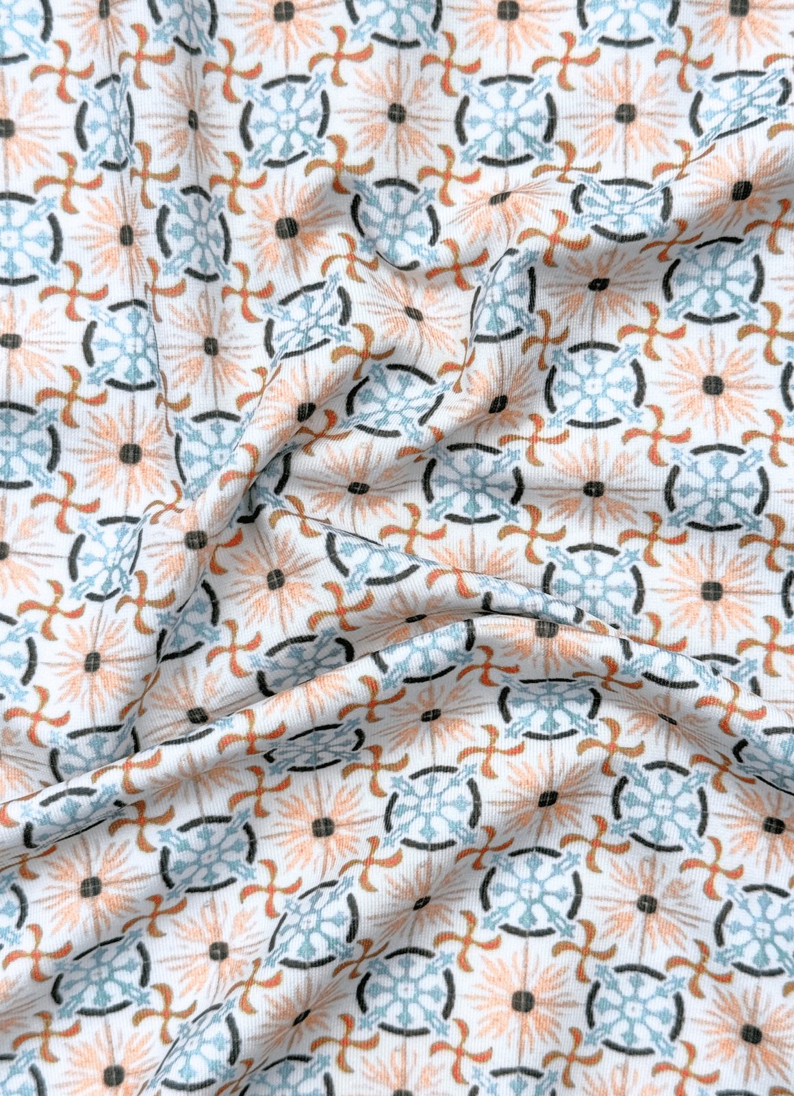 Printed Stretch Polo — Tan & Blue Tile Print, Buttery Smooth Fabric, Metal-Rimmed Buttons