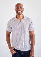 Printed Stretch Polo — Blue & Brown Pill Pattern, Buttery Smooth Fabric, Metal-Rimmed Buttons