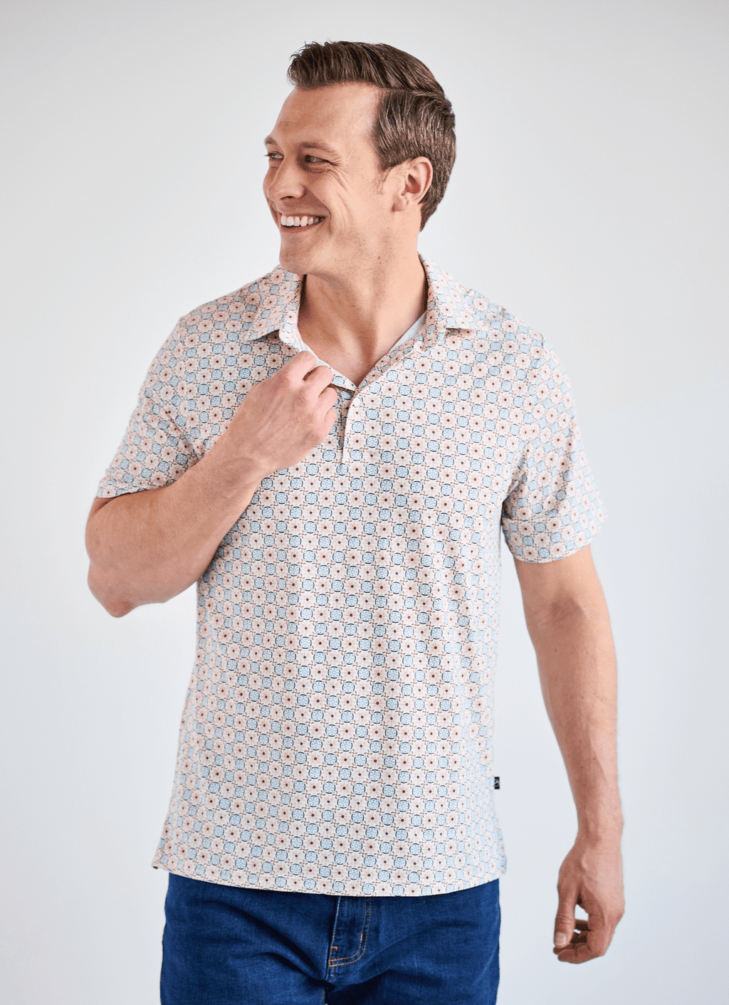 Printed Stretch Polo — Tan & Blue Tile Print, Buttery Smooth Fabric, Metal-Rimmed Buttons