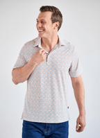 Printed Stretch Polo — Tan & Blue Tile Print, Buttery Smooth Fabric, Metal-Rimmed Buttons