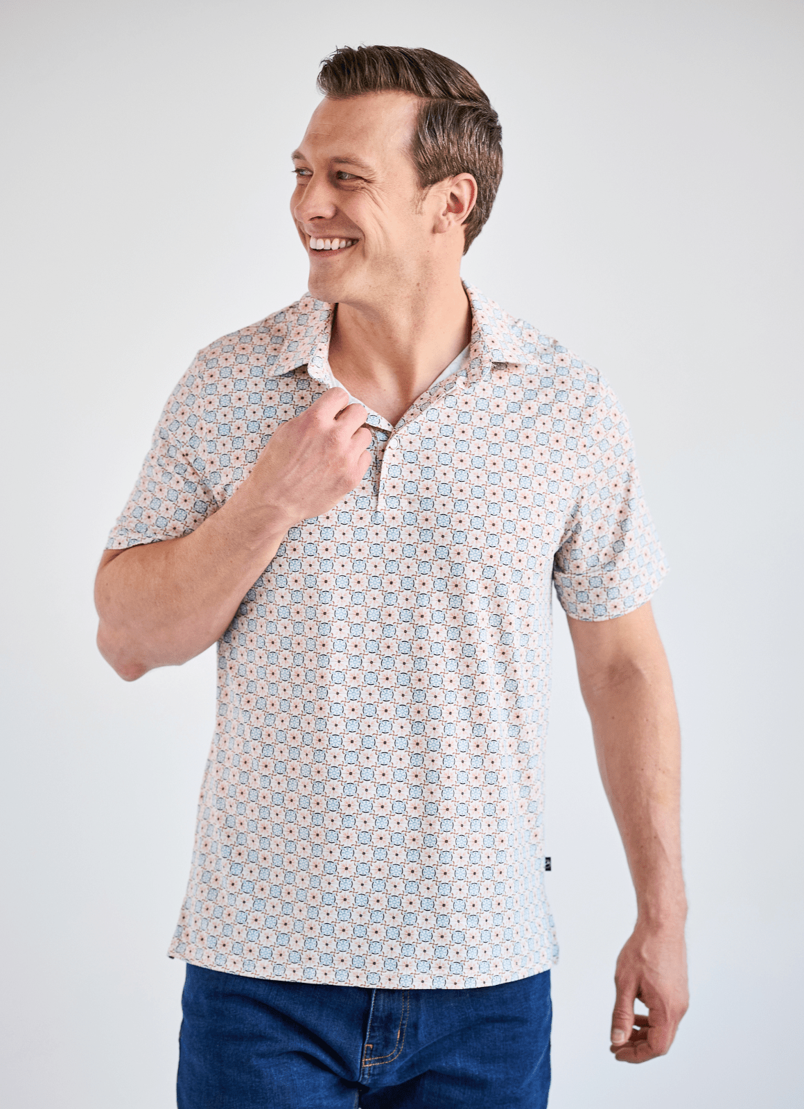 Printed Stretch Polo — Tan & Blue Tile Print, Buttery Smooth Fabric, Metal-Rimmed Buttons