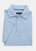 Printed Stretch Polo — Blue Kite Geometric Pattern, Buttery Smooth Fabric, Metal-Rimmed Buttons