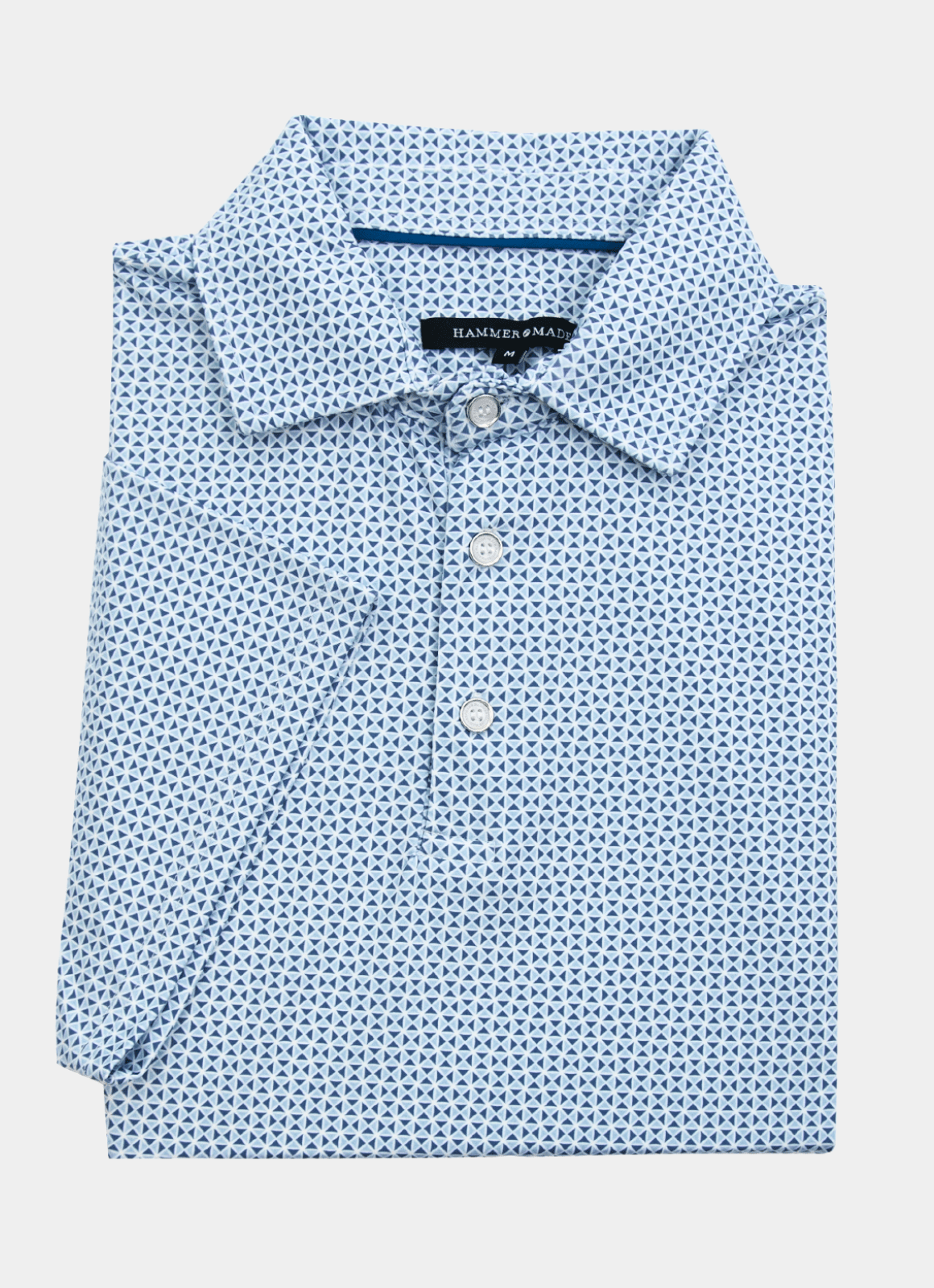 Printed Stretch Polo — Blue Kite Geometric Pattern, Buttery Smooth Fabric, Metal-Rimmed Buttons