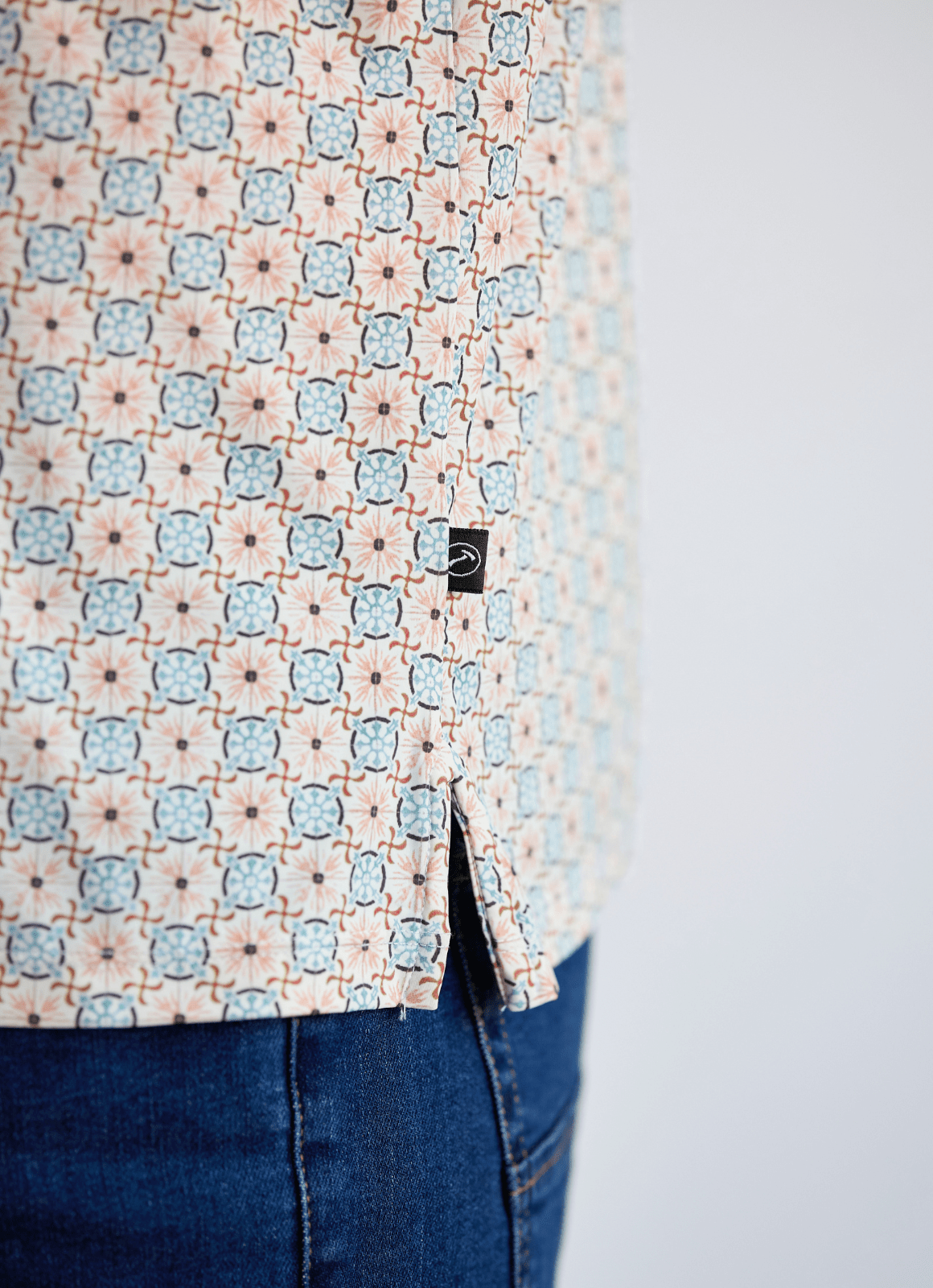 Printed Stretch Polo — Tan & Blue Tile Print, Buttery Smooth Fabric, Metal-Rimmed Buttons