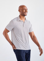 Printed Stretch Polo — Blue & Brown Pill Pattern, Buttery Smooth Fabric, Metal-Rimmed Buttons