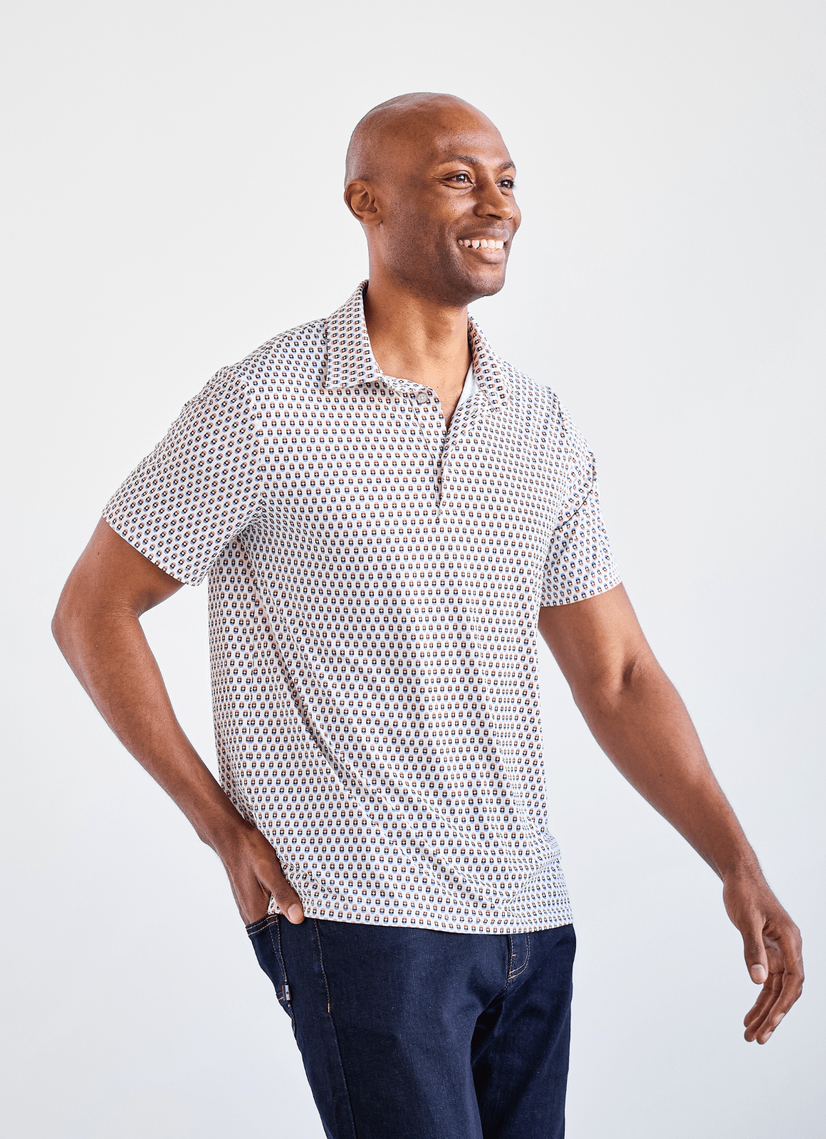Printed Stretch Polo — Blue & Brown Pill Pattern, Buttery Smooth Fabric, Metal-Rimmed Buttons