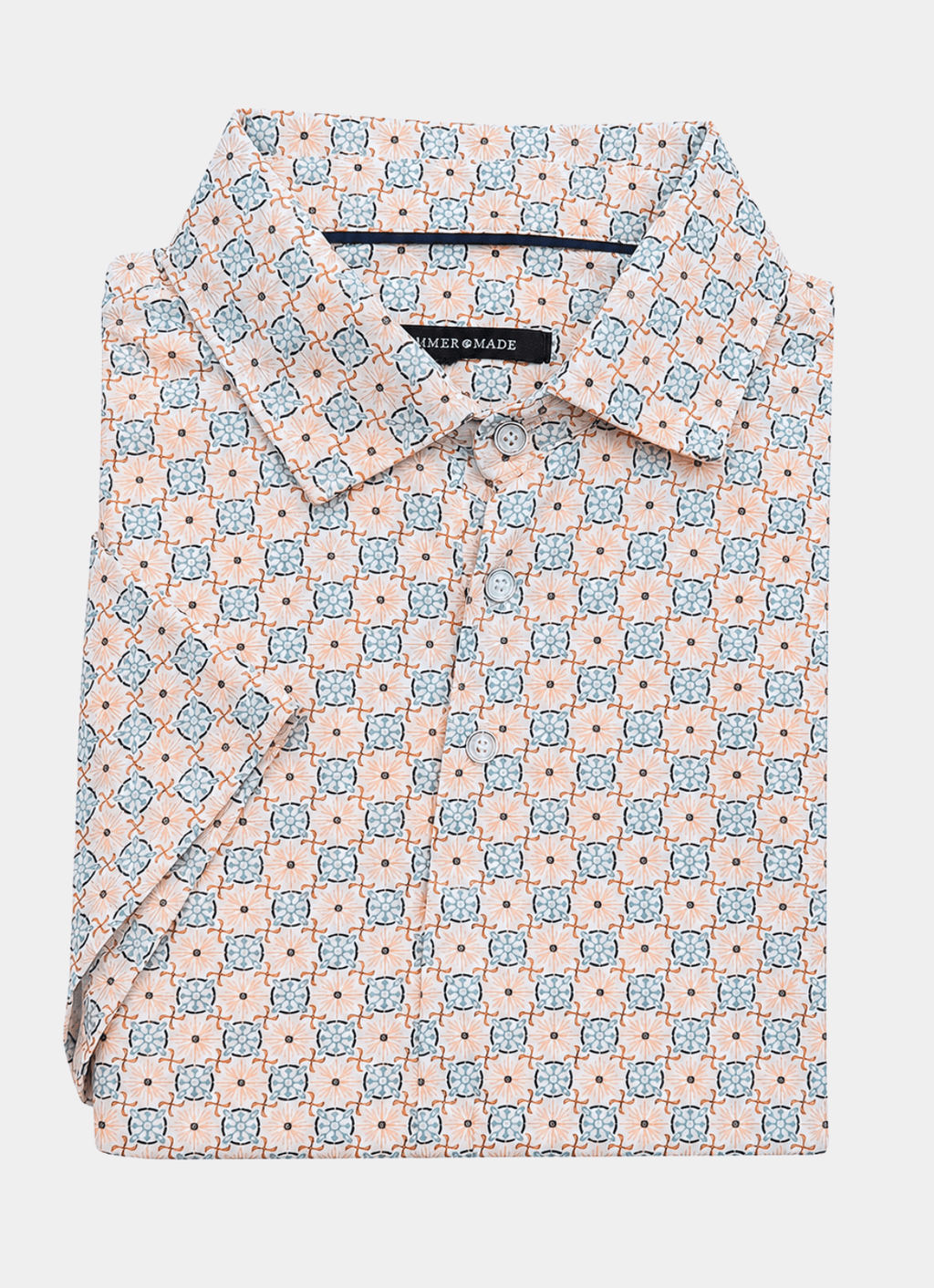 Printed Stretch Polo — Tan & Blue Tile Print, Buttery Smooth Fabric, Metal-Rimmed Buttons