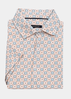Printed Stretch Polo — Tan & Blue Tile Print, Buttery Smooth Fabric, Metal-Rimmed Buttons