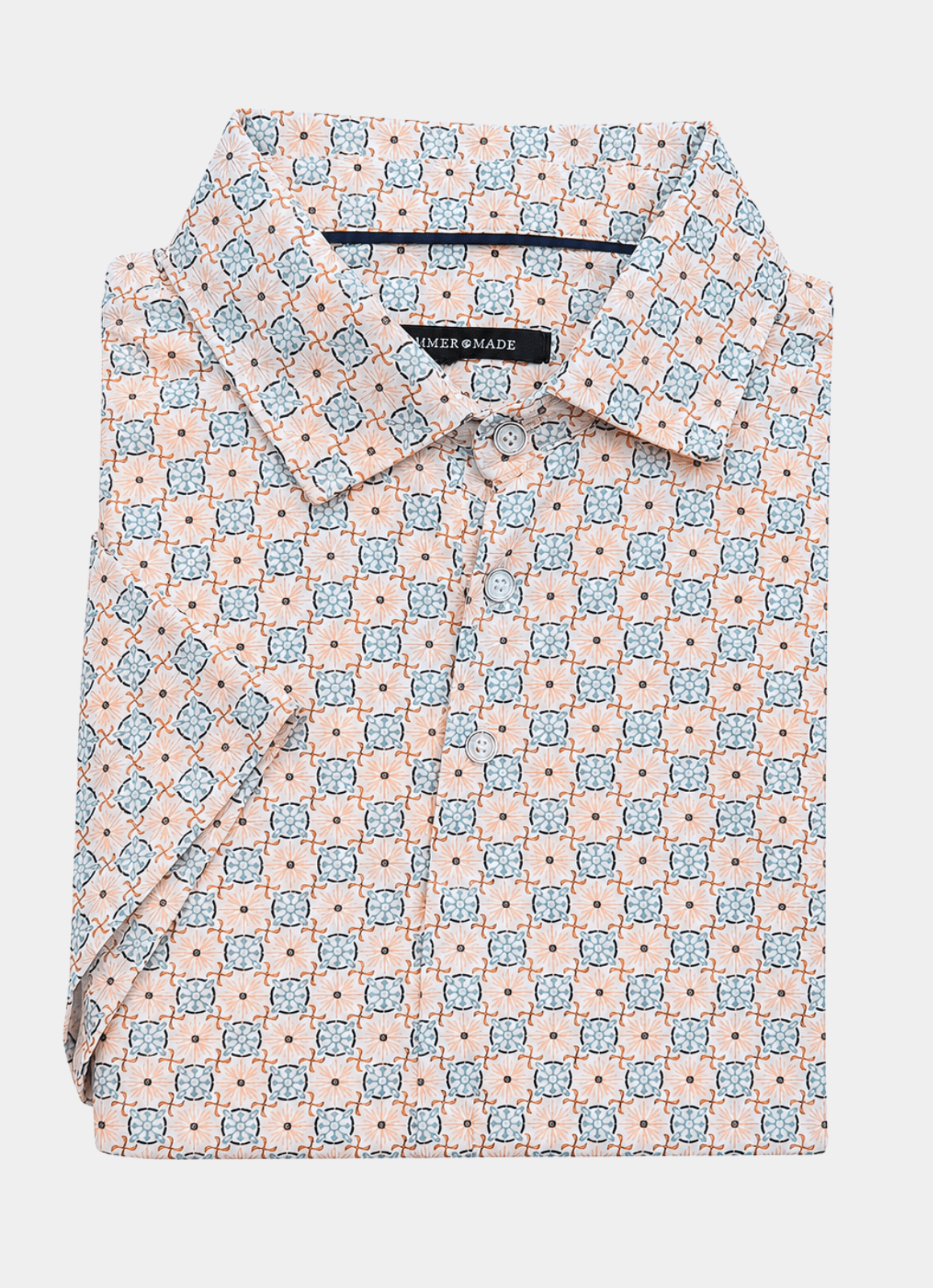Printed Stretch Polo — Tan & Blue Tile Print, Buttery Smooth Fabric, Metal-Rimmed Buttons