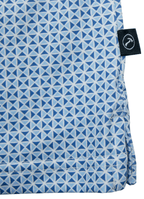 Printed Stretch Polo — Blue Kite Geometric Pattern, Buttery Smooth Fabric, Metal-Rimmed Buttons