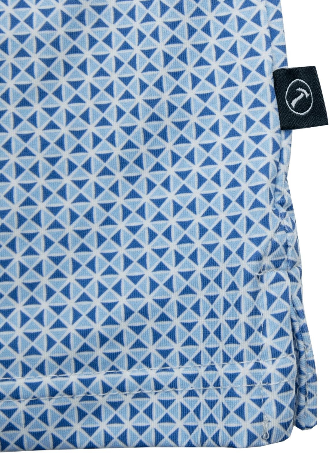 Printed Stretch Polo — Blue Kite Geometric Pattern, Buttery Smooth Fabric, Metal-Rimmed Buttons