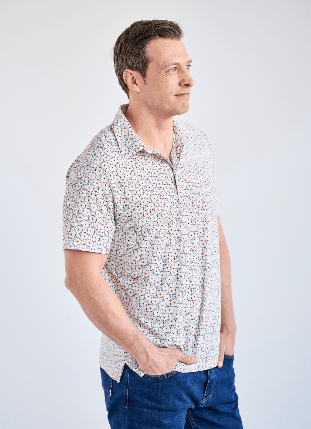 Printed Stretch Polo — Tan & Blue Tile Print, Buttery Smooth Fabric, Metal-Rimmed Buttons