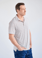 Printed Stretch Polo — Tan & Blue Tile Print, Buttery Smooth Fabric, Metal-Rimmed Buttons