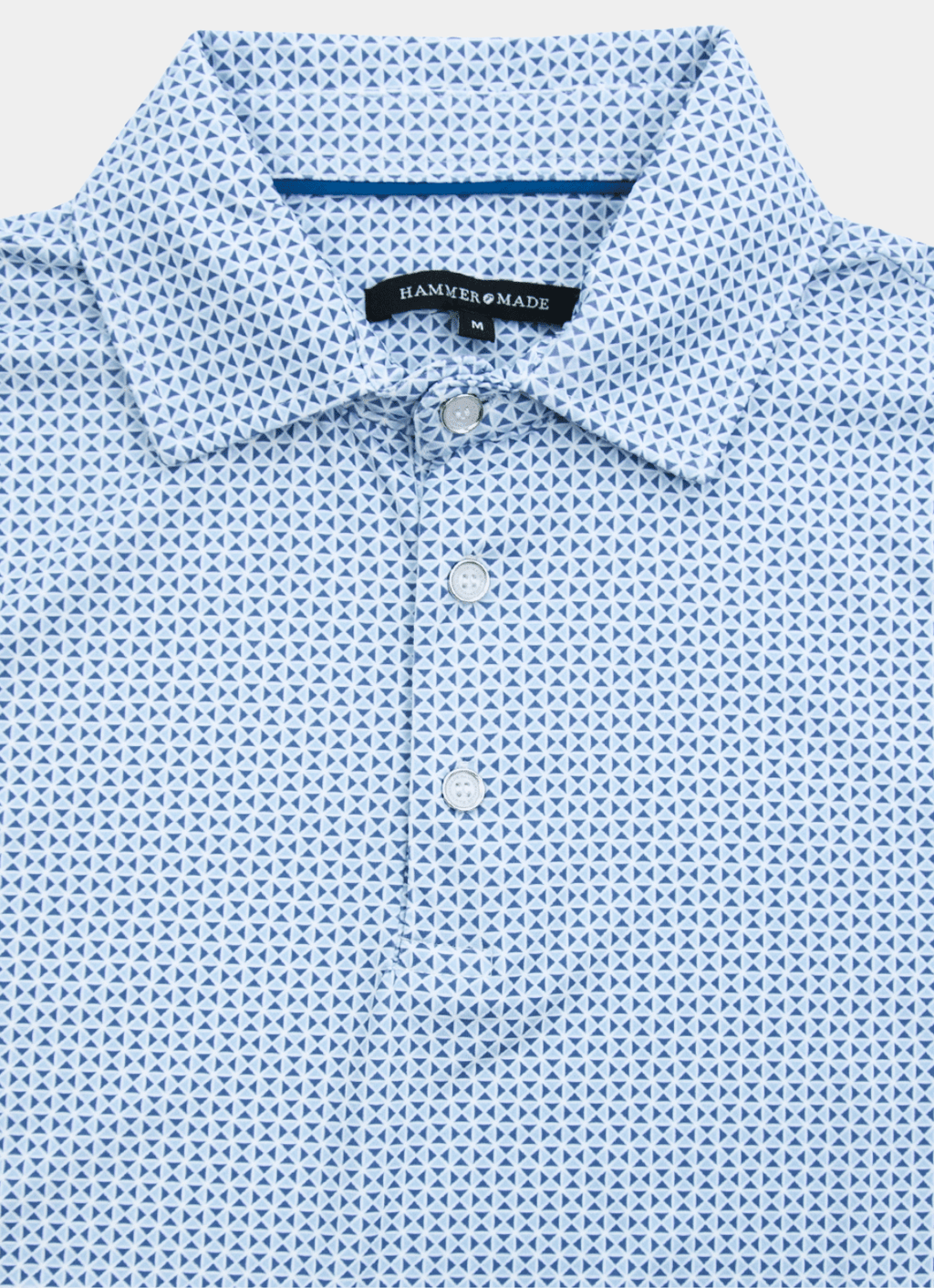 Printed Stretch Polo — Blue Kite Geometric Pattern, Buttery Smooth Fabric, Metal-Rimmed Buttons
