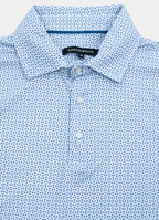Printed Stretch Polo — Blue Kite Geometric Pattern, Buttery Smooth Fabric, Metal-Rimmed Buttons