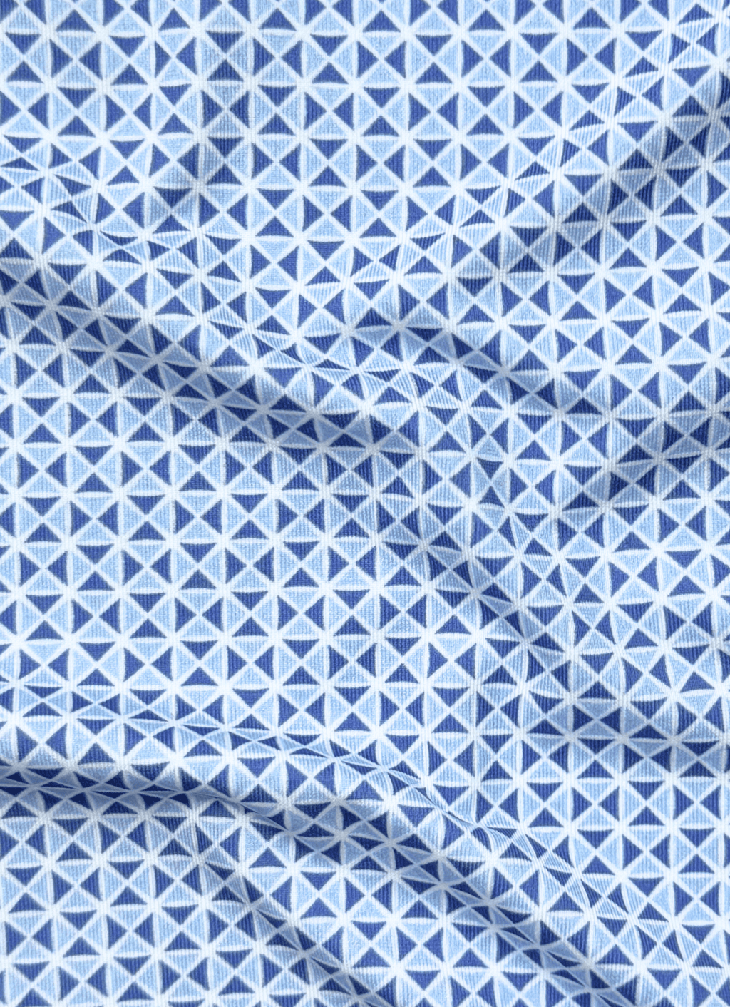 Printed Stretch Polo — Blue Kite Geometric Pattern, Buttery Smooth Fabric, Metal-Rimmed Buttons