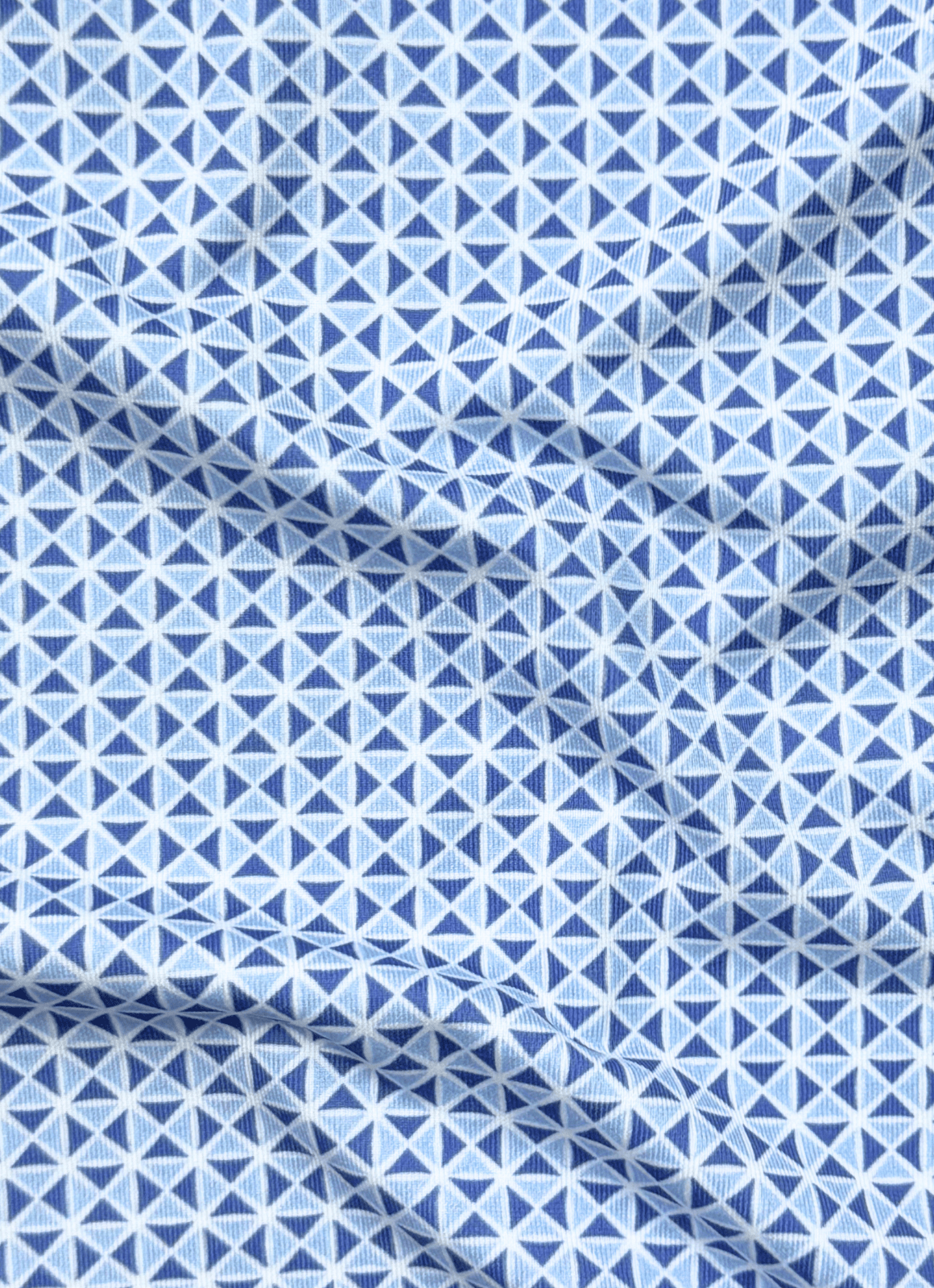 Printed Stretch Polo — Blue Kite Geometric Pattern, Buttery Smooth Fabric, Metal-Rimmed Buttons