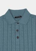 Short Sleeve Ribbed Cable Knit Polo — 3-Button Collar, Cotton-Modal Blend, Soft Touch