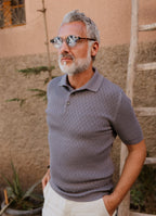 Short Sleeve Caterpillar Rib Knit Polo — 3-Button Collar, Cotton-Modal Blend, Soft Touch