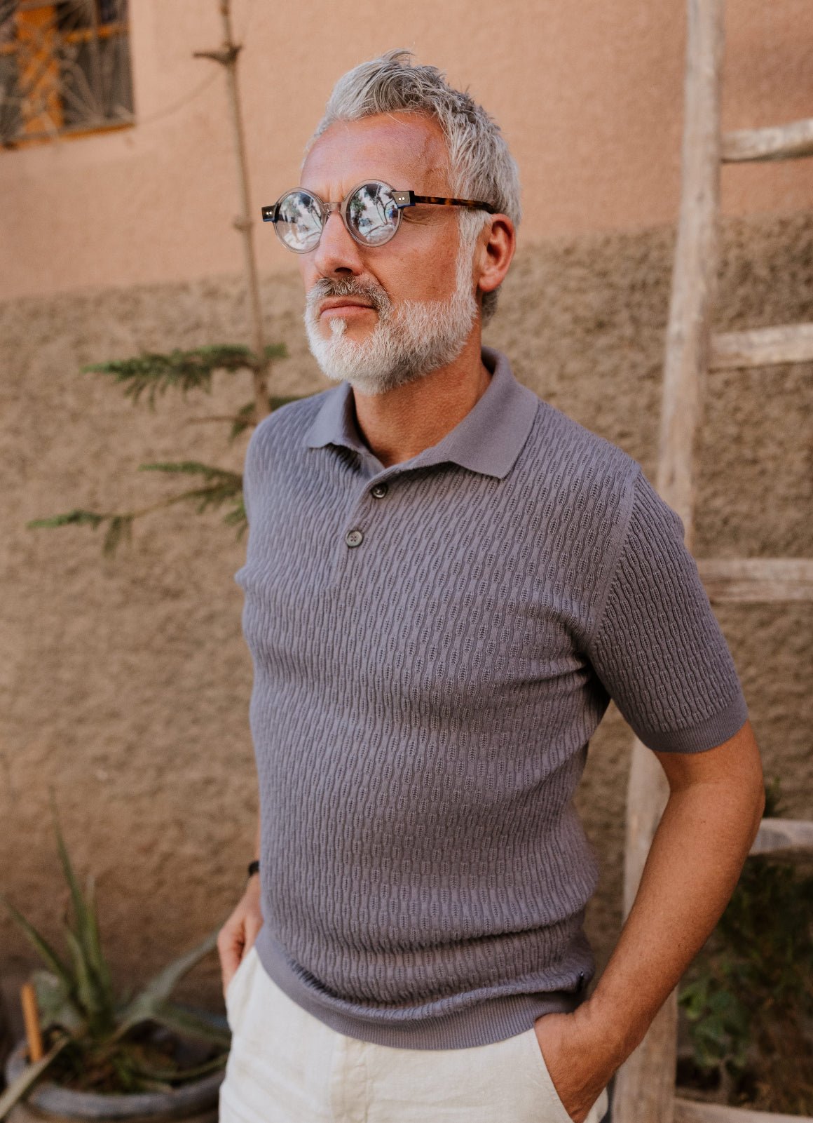 Short Sleeve Caterpillar Rib Knit Polo — 3-Button Collar, Cotton-Modal Blend, Soft Touch