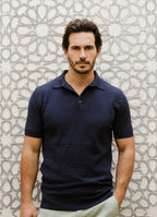 Short Sleeve Mini Cable Knit Polo — 3-Button Collar, Cotton-Modal Blend, Soft Touch