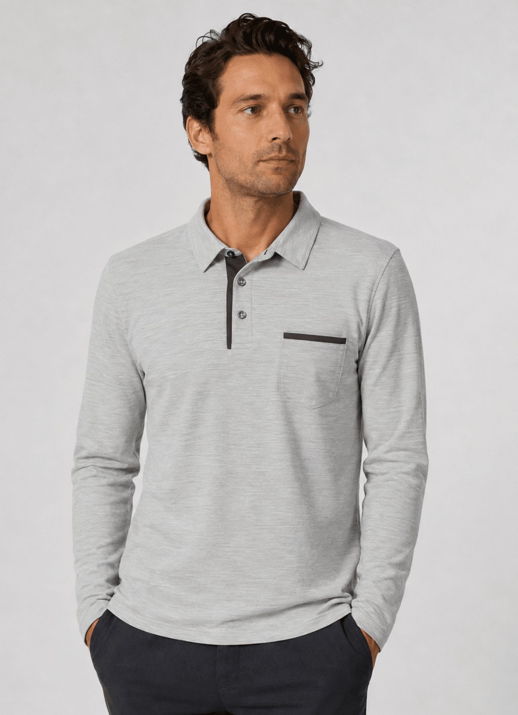 Long Sleeve Stretch Polo in Grey — Suede Placket & Pocket Trim, Polished Casual Style