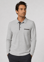 Long Sleeve Stretch Polo in Grey — Suede Placket & Pocket Trim, Polished Casual Style