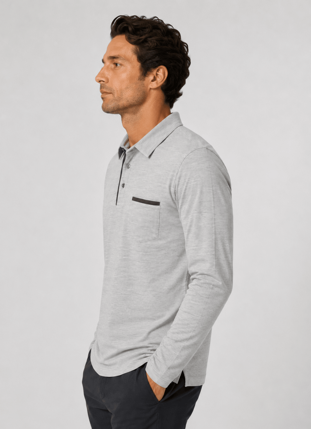Long Sleeve Stretch Polo in Grey — Suede Placket & Pocket Trim, Polished Casual Style