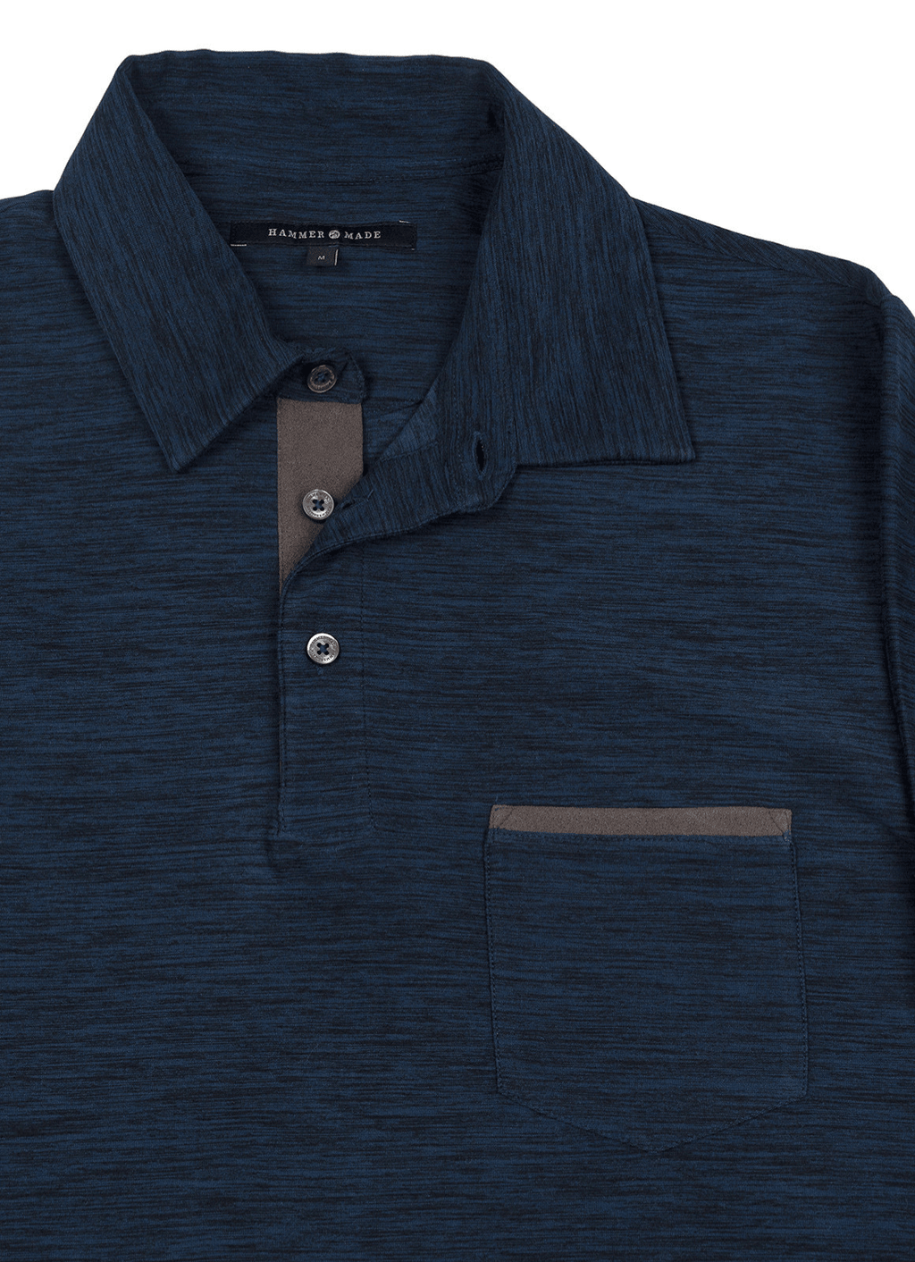 Long Sleeve Stretch Polo in Navy — Suede Placket & Pocket Trim, Polished Casual Style