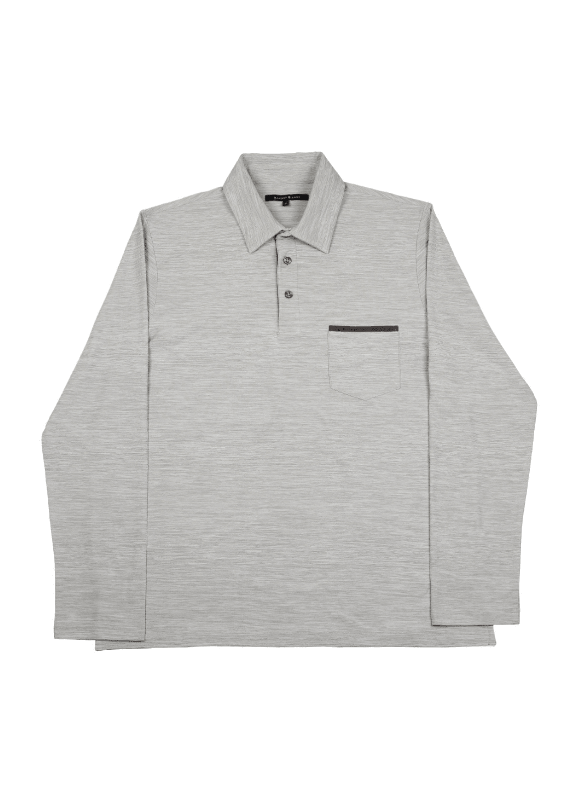 Long Sleeve Stretch Polo in Grey — Suede Placket & Pocket Trim, Polished Casual Style