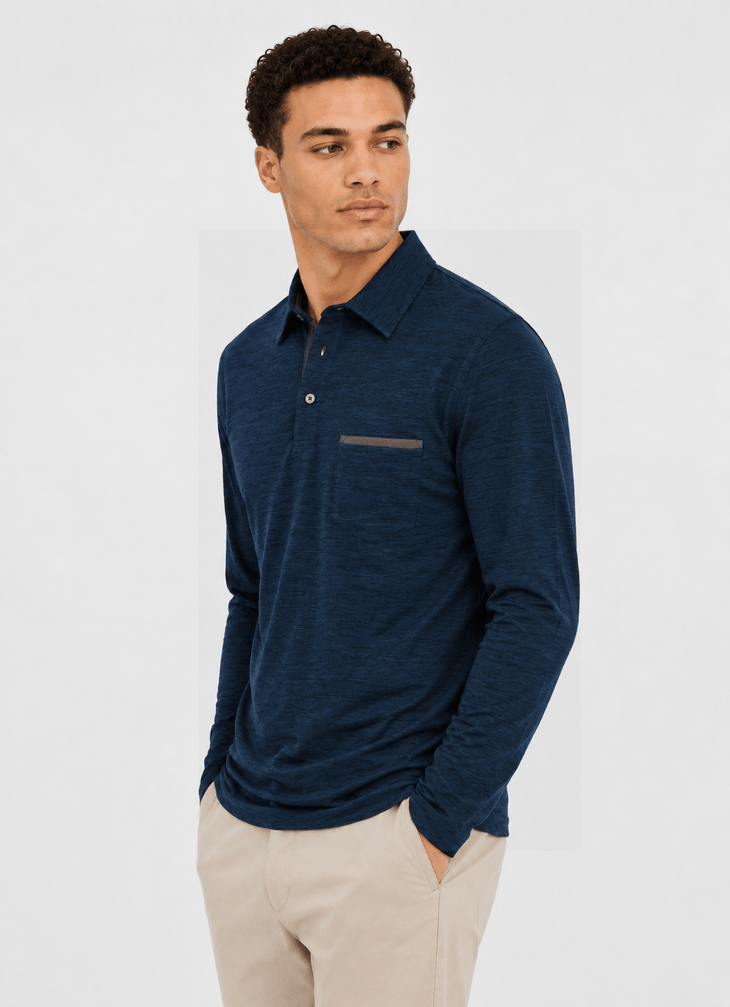 Long Sleeve Stretch Polo in Navy — Suede Placket & Pocket Trim, Polished Casual Style