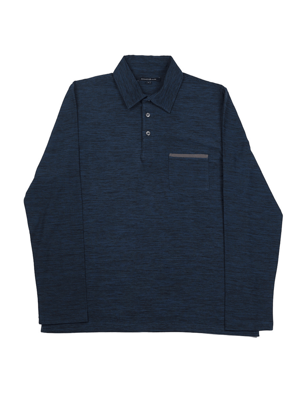 Long Sleeve Stretch Polo in Navy — Suede Placket & Pocket Trim, Polished Casual Style