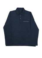 Long Sleeve Stretch Polo in Navy — Suede Placket & Pocket Trim, Polished Casual Style