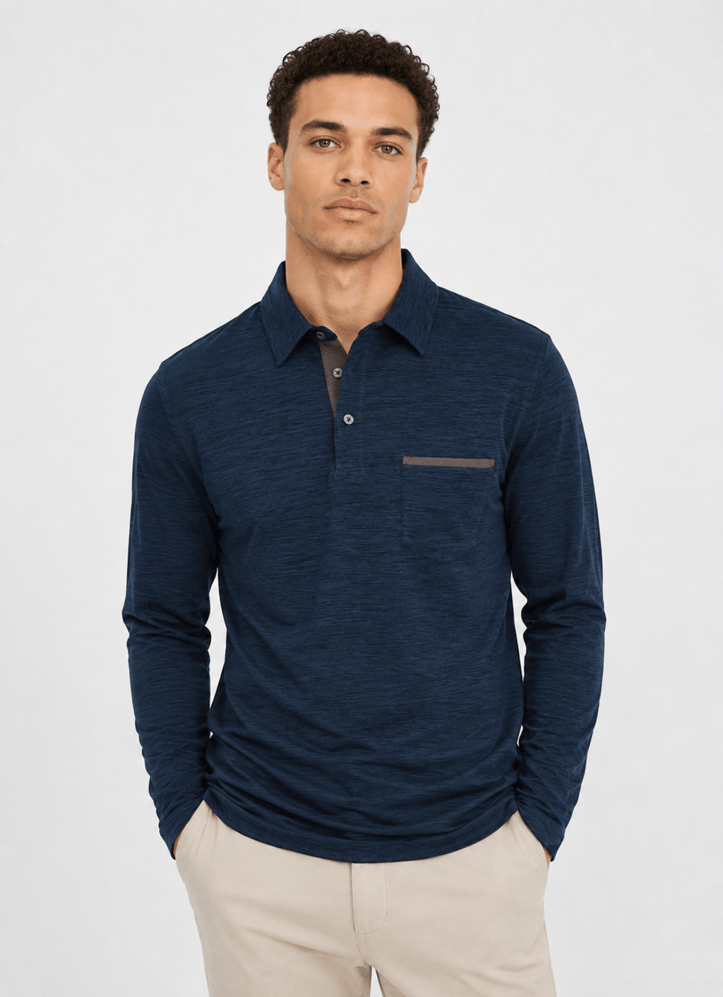 Long Sleeve Stretch Polo in Navy — Suede Placket & Pocket Trim, Polished Casual Style