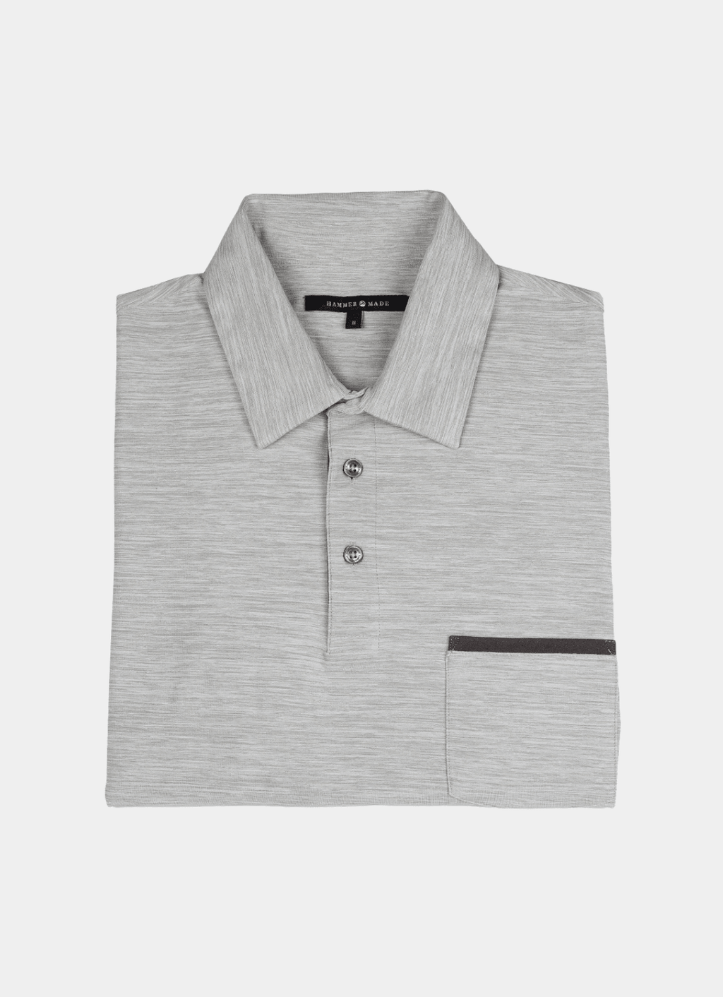 Long Sleeve Stretch Polo in Grey — Suede Placket & Pocket Trim, Polished Casual Style