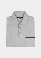 Long Sleeve Stretch Polo in Grey — Suede Placket & Pocket Trim, Polished Casual Style